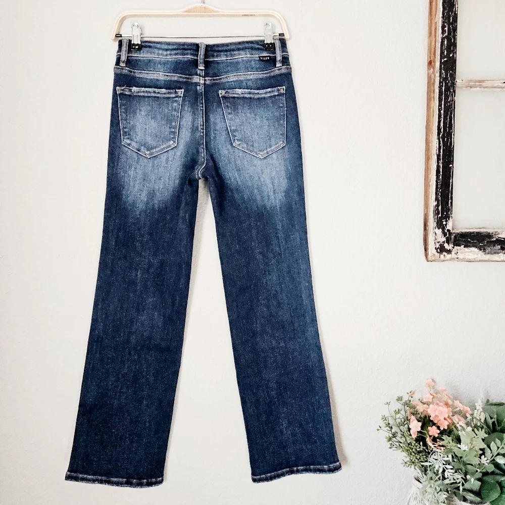 Risen High Rise Dark Wash Rhinestone Embellished Seam Straight Ankle Jeans 7/28 - Picture 10 of 13